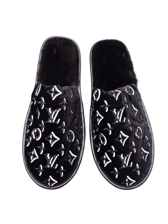 Louis Vuitton LV Suit Line Mules Slippers Room Shoes 42 Velvet Mink Black